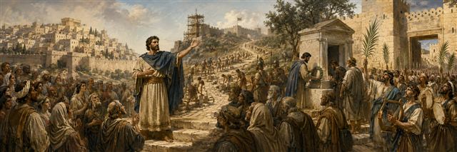 Simon rallies Jerusalem, strengthens its defenses, honors Jonathan's tomb, and enters a cleansed citadel with palms